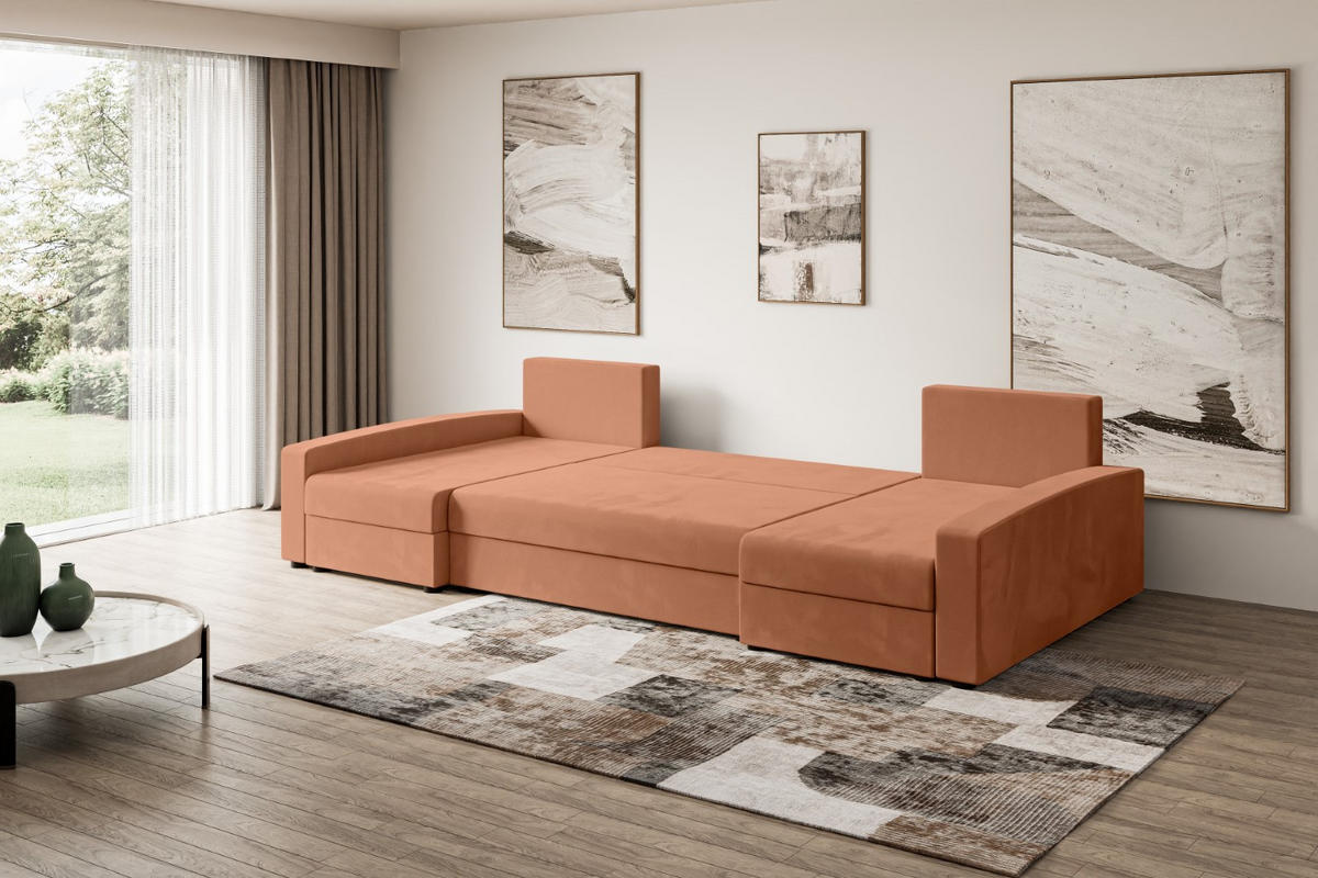 WOHNLANDSCHAFT mit Schlaffunktion und Bettkasten ALESIA-U 301x140x90 cm Koralle Velours - Koralle/Silberfarben, Holzwerkstoff/Kunststoff (301/90/140cm) - ALTDECOR