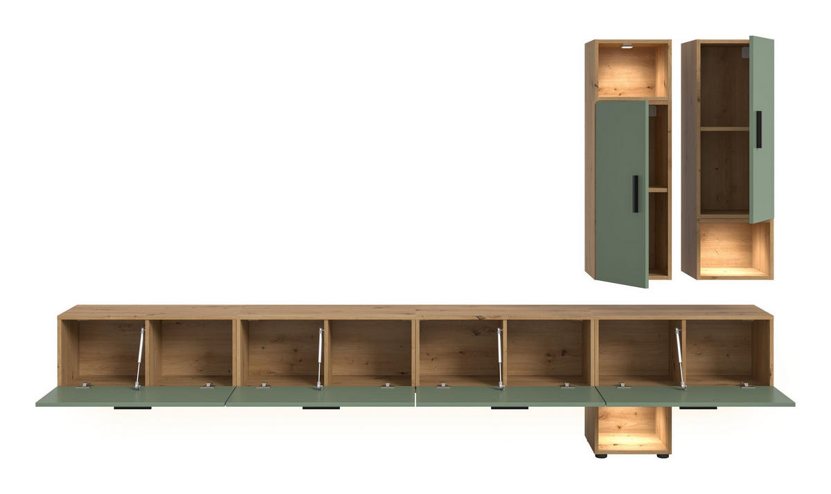 WOHNWAND inkl Beleuchtung Primo 6 tlg. (B/H/T: ca. 300/178/34 cm) in Artisan Oak /Smoke Green - Eiche Artisan, Holzwerkstoff (300/178/34cm)