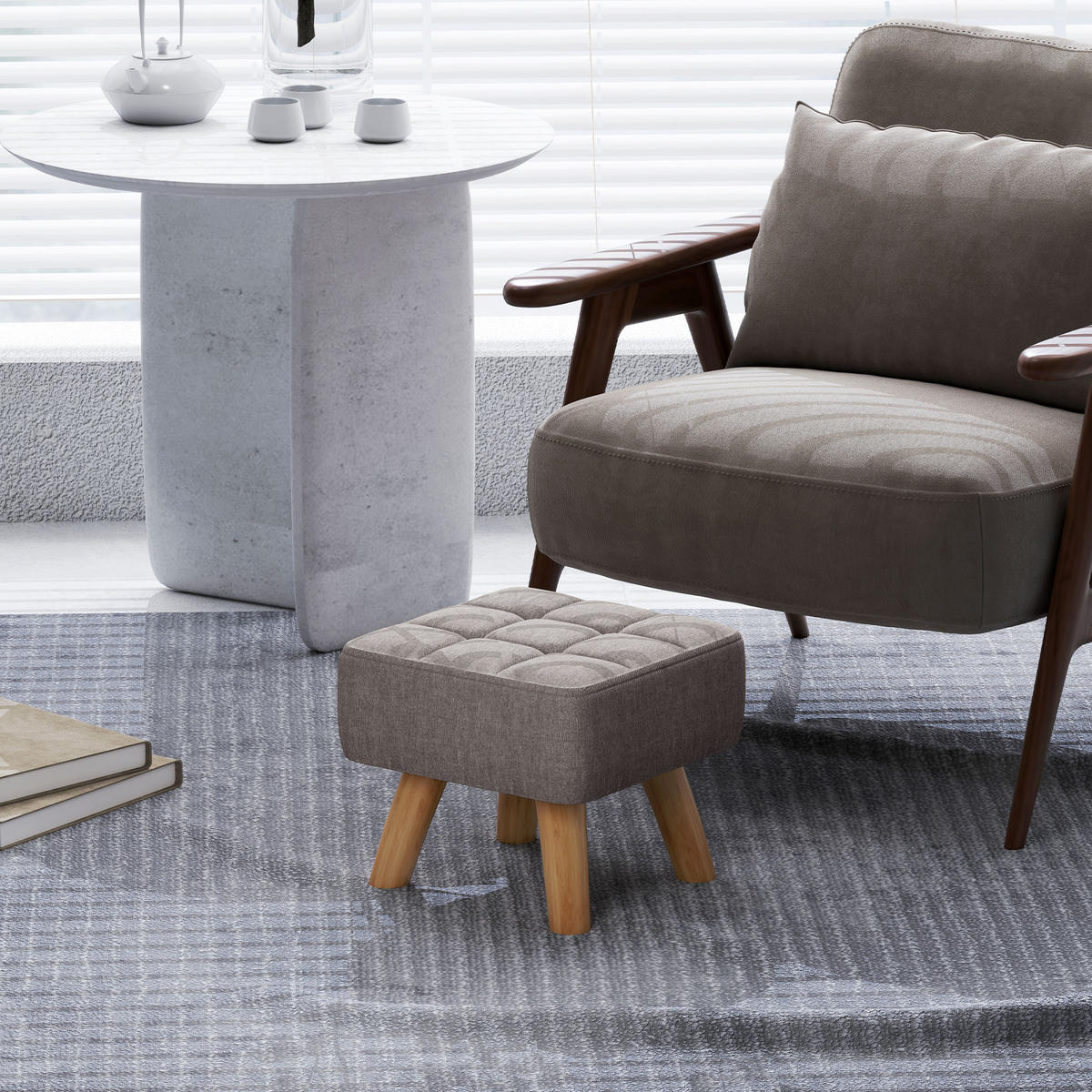 FUSSHOCKER Hocker Moderner Sitzhocker mit Leinenoptik, Holzbeine, Grau - Grau, Kunststoff (27/26/27cm) - HOMCOM