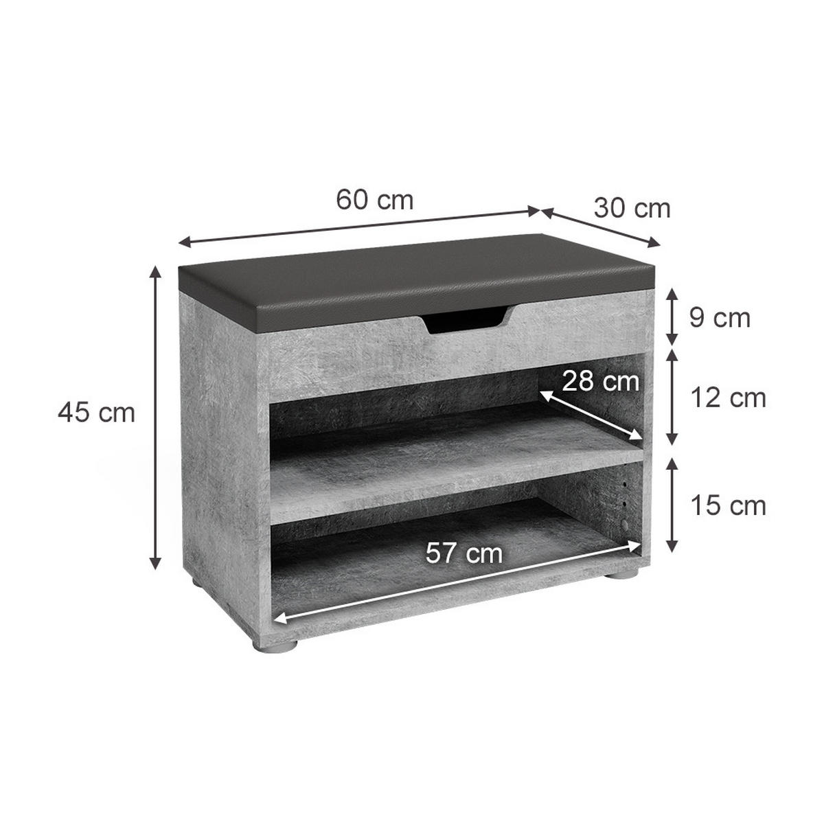 SCHUHBANK Rolfe Beton 60 x 45 cm - Grau, Holzwerkstoff (60/45/30cm) - Vicco
