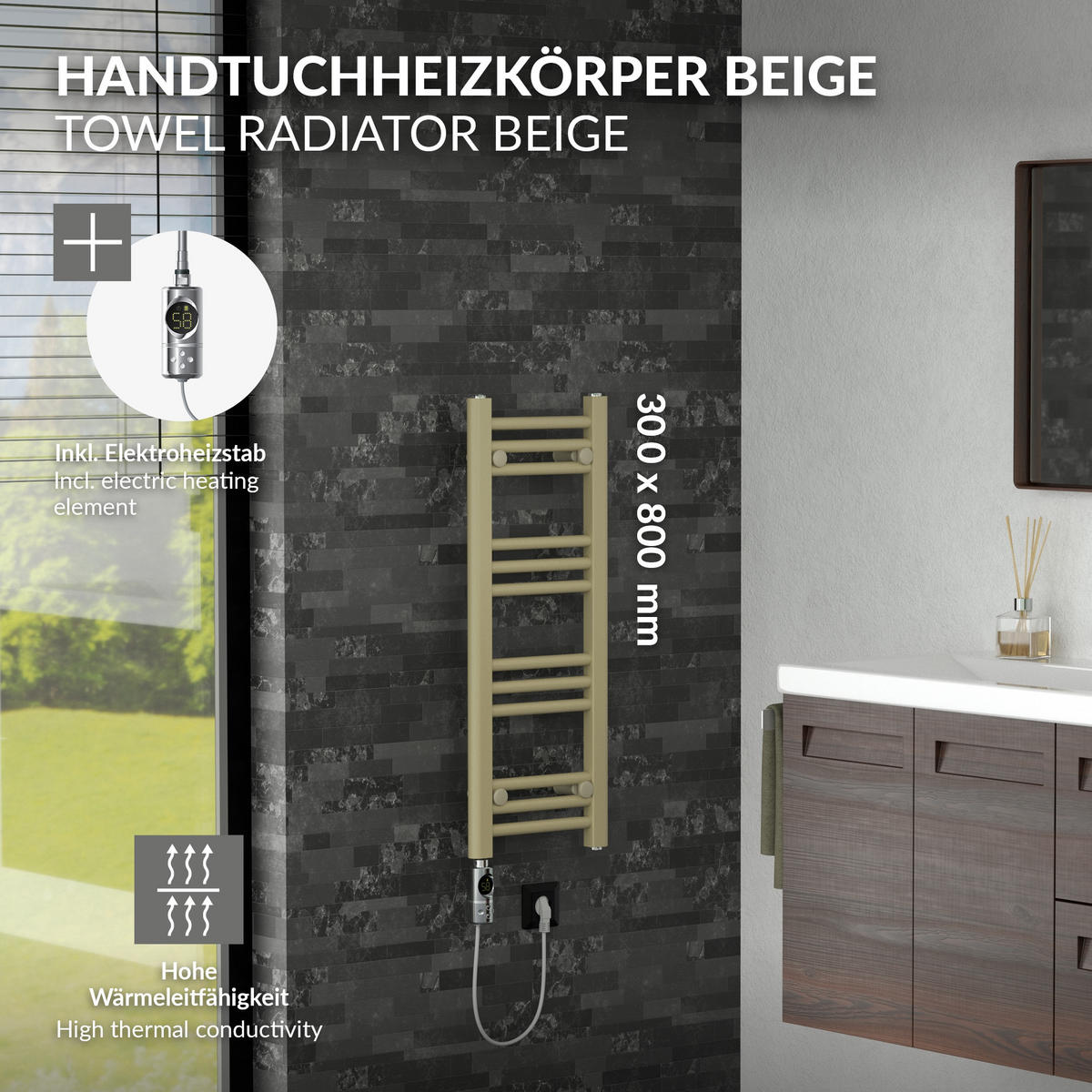 HANDTUCHHEIZKÖRPER elektrisch 300 x 800 mm Beige Badheizkörper gerade mit Seitenanschluss mit Heizstab 300W - Beige, Metall (30/80/3cm) - LuxeBath