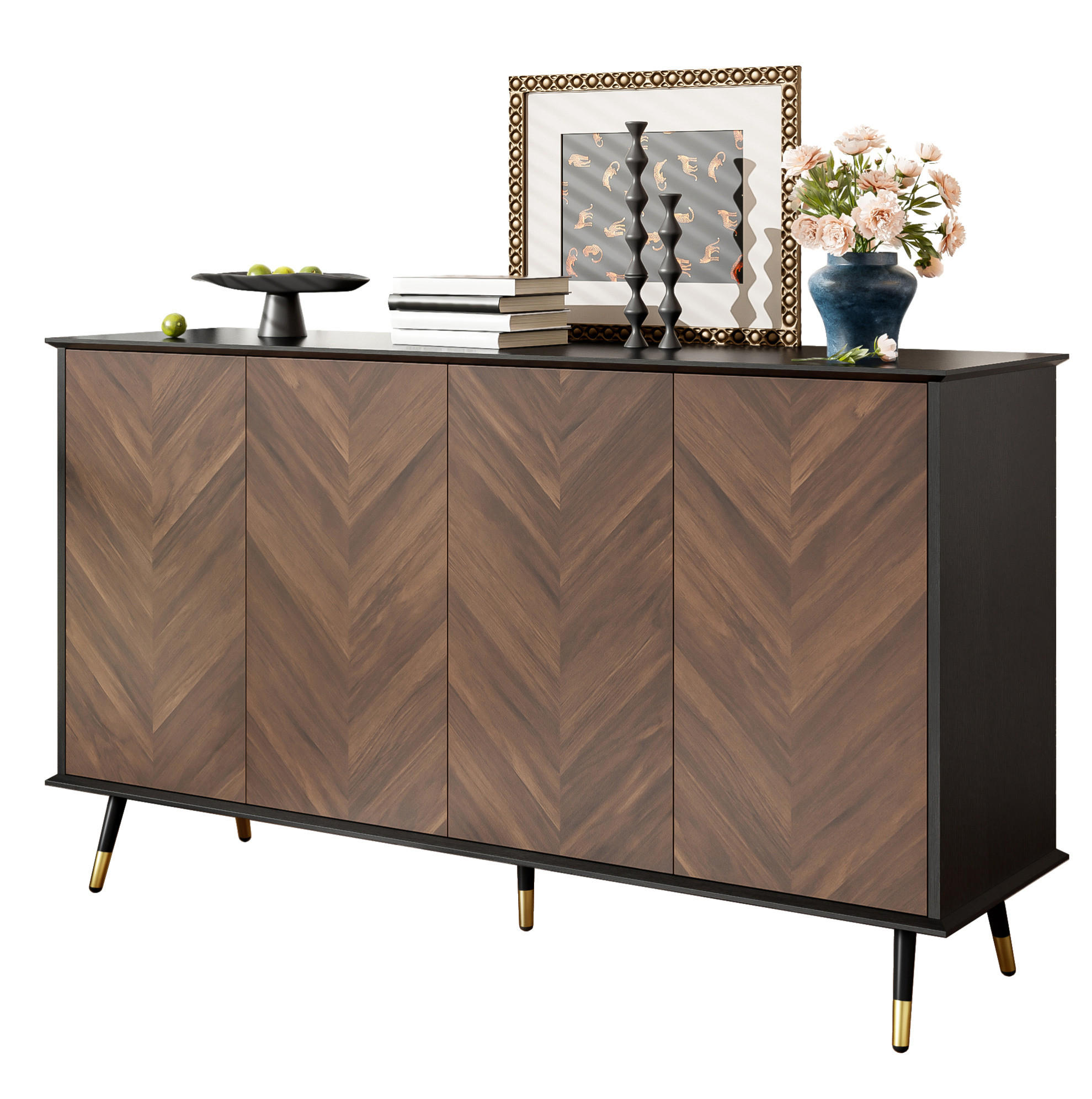 SIDEBOARD aus MDF 140x40x80 cm Schwarz/Braun mit 4 Türen, höhenverstellbaren Regalen und Soft-Close - Schwarz, Holzwerkstoff (140/80/40cm) - Modfu