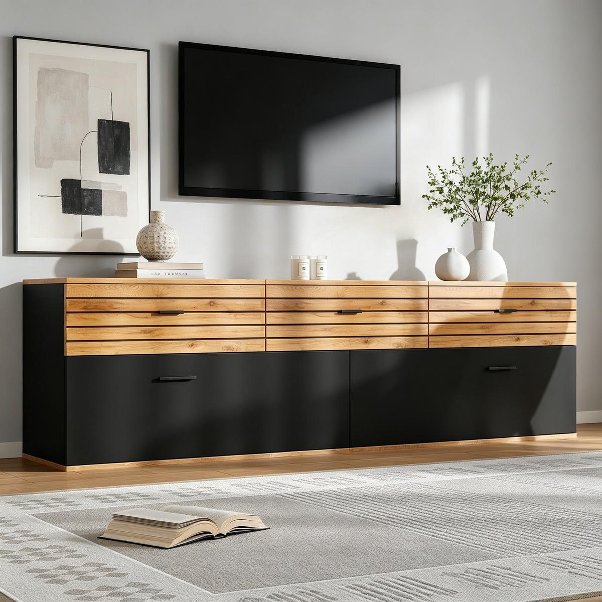 TV‑SCHRANK Naturholz‑Schwarz mit Schubladen und Klapptüren 168 × 38 × 59 cm - Naturfarben, Holzwerkstoff (168/59/38cm) - Luhomfu
