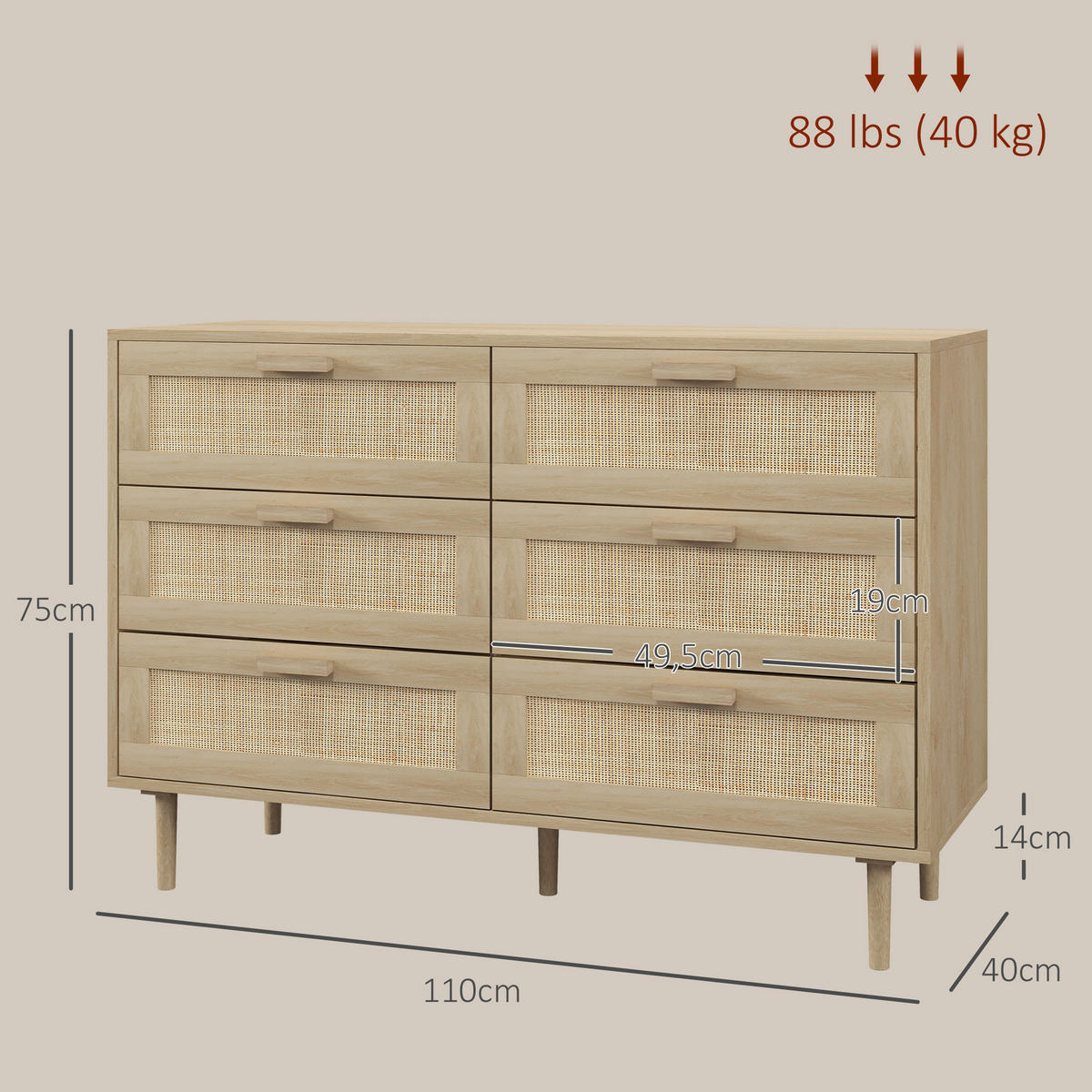 KOMMODE Hellbraun 110/40/75 cm - Naturfarben, Holzwerkstoff (110/75/40cm) - PANGIVO