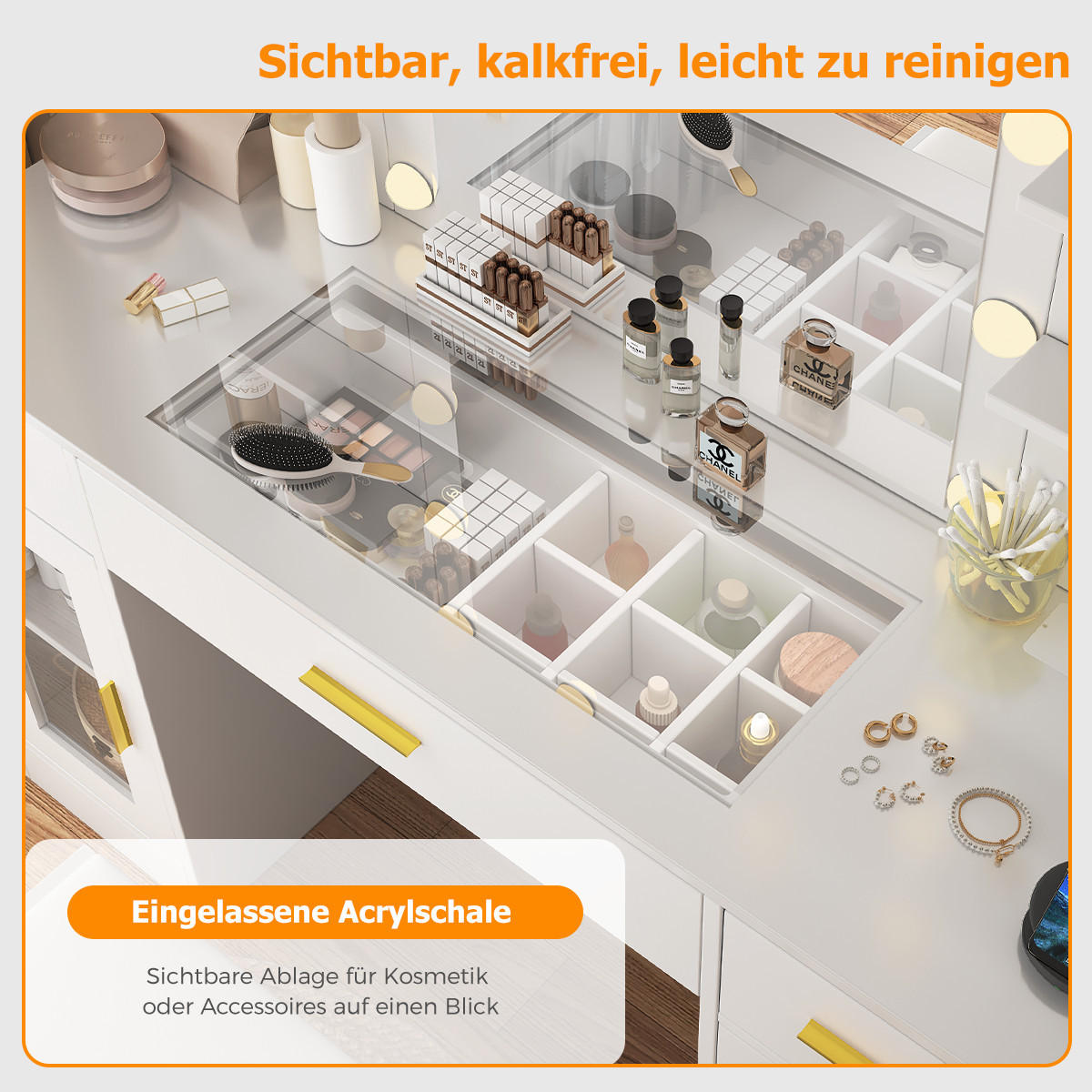 SCHMINKTISCH mit Spiegel und Aufbewahrungshocker,113 x 40 x 140 cm,10 Glühbirnen,3 verstellbare Farben,3 Schubladen,6 Regale und 5 Haken,Weiß - Weiß, Holzwerkstoff (40/75/113cm)