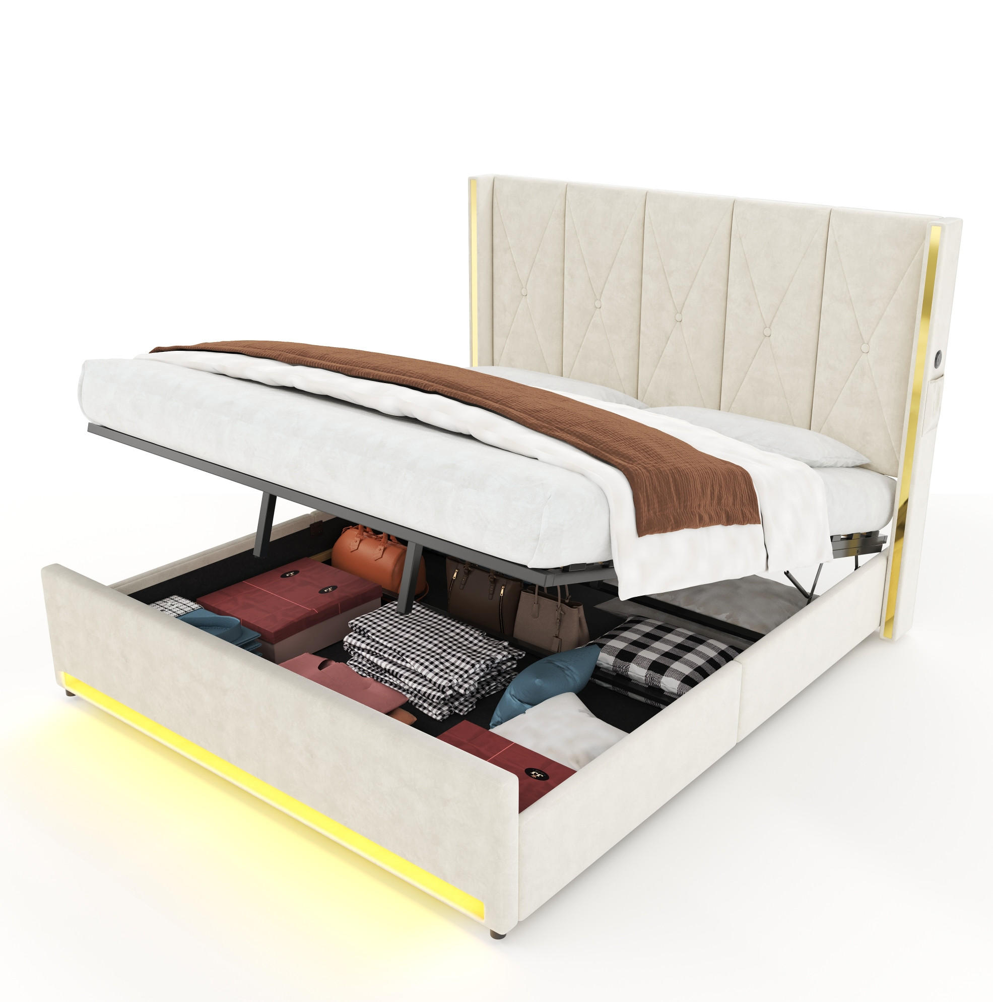 POLSTERBETT 180/200 cm mit LED, USB/Type-C, Seitentaschen und hydraulischem Bettkasten, Beige - Beige, Textil (180/200cm) - Redom