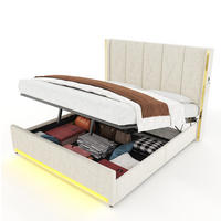 POLSTERBETT 180/200 cm mit LED, USB/Type-C, Seitentaschen und hydraulischem Bettkasten, Beige - Beige, Textil (180/200cm) - Redom