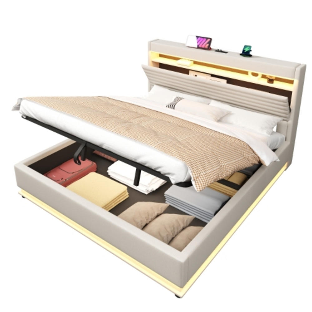 POLSTERBETT beige 218×182×113,5 cm aus Leinen-Stoff mit Hydraulikbettkasten, zweiseitigen LED-Leisten - Beige, Textil (180/200cm) - Luhomfu