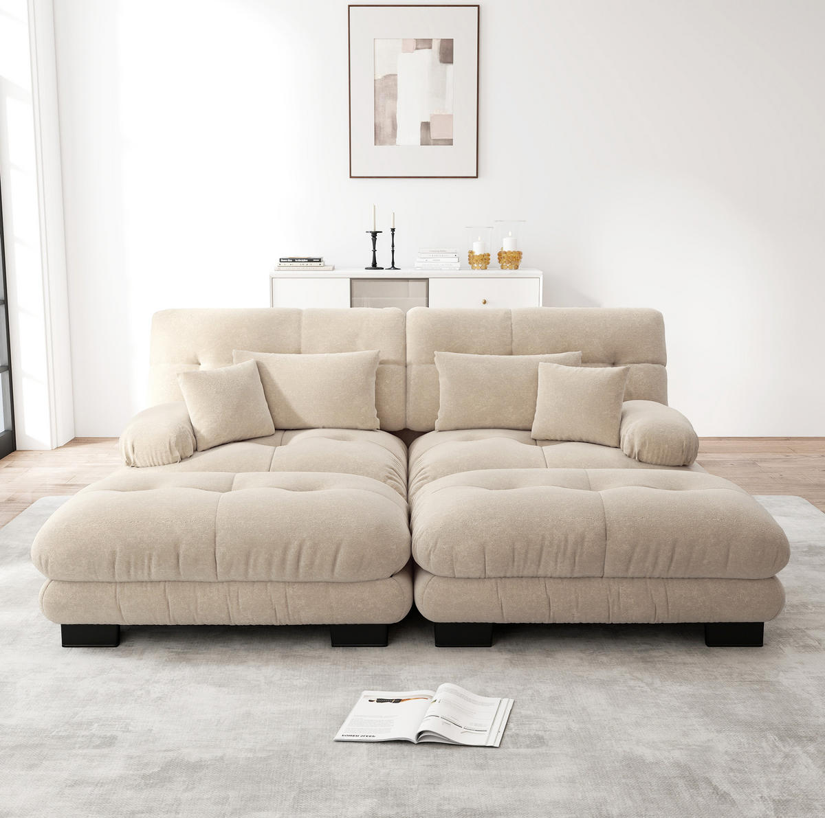 ECKSOFA modular mit 2 Ottomane, 2 Lendenkissen und 2 Dekokissen, Chenille, Hellkaffee - Cappuccino, Textil (220/145cm) - Redom
