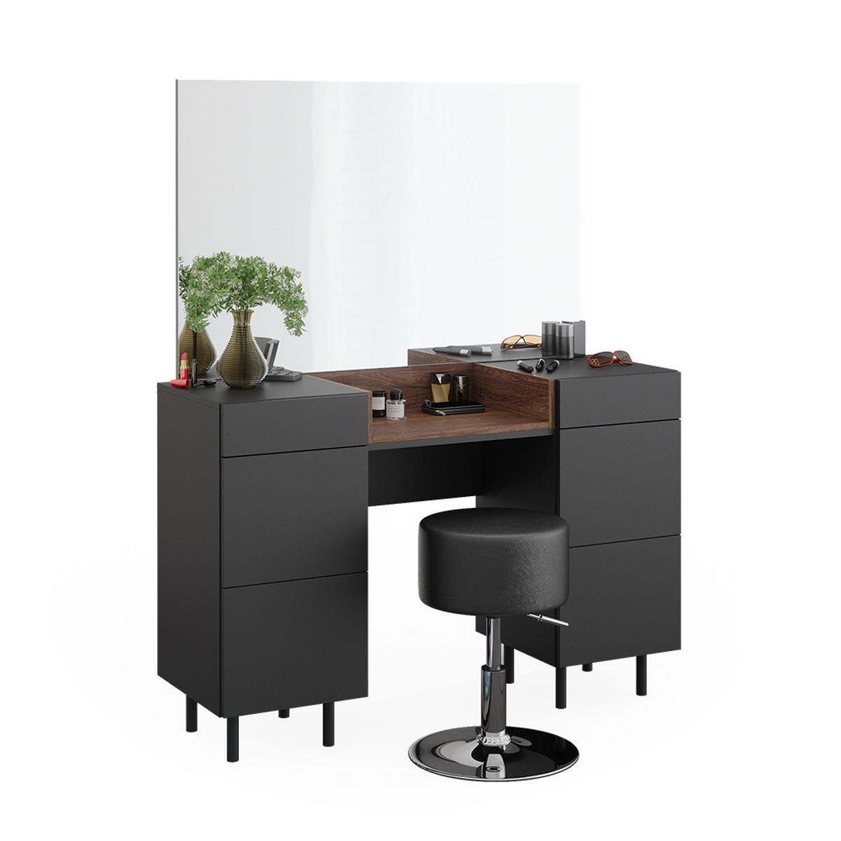 SCHMINKTISCH Anika Anthrazit 120 cm mit Hocker - Anthrazit/Walnussfarben, Holzwerkstoff (120/80/40cm) - Vicco