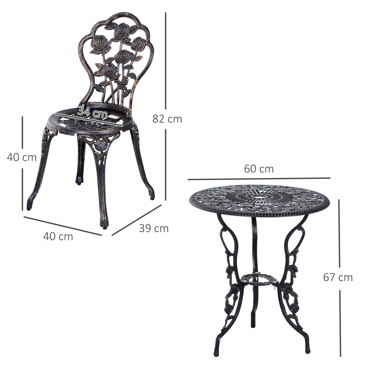 BISTROSET 60/60/67 cm, 3-teilig mit Schirmöffnung und Gussrosenmuster, Metall, Bronze - Bronzefarben, Metall - Redom