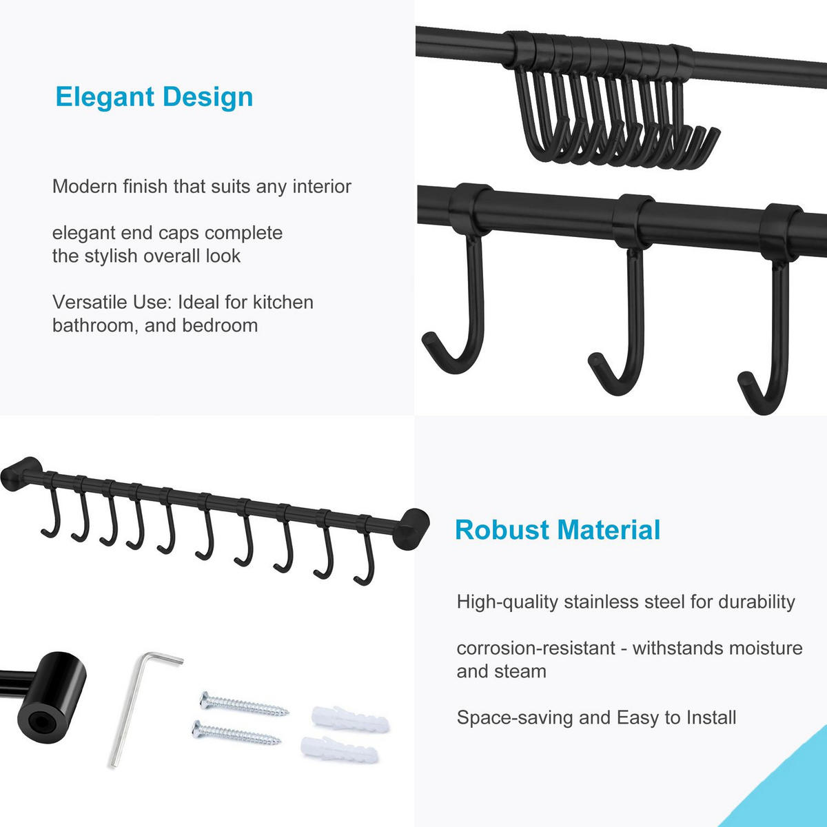 KÜCHEN HAKENLEISTE mit 10 Haken - Schwarz, Metall (3.4/2.2/52.6cm) - Intirilife