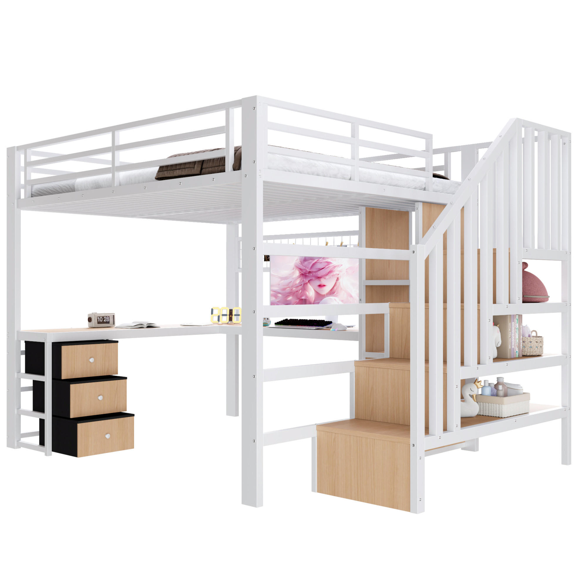 HOCHBETT 140/200 cm weiß aus Metall mit Schreibtisch und LED - Weiß, Metall (140/200cm) - OKWISH