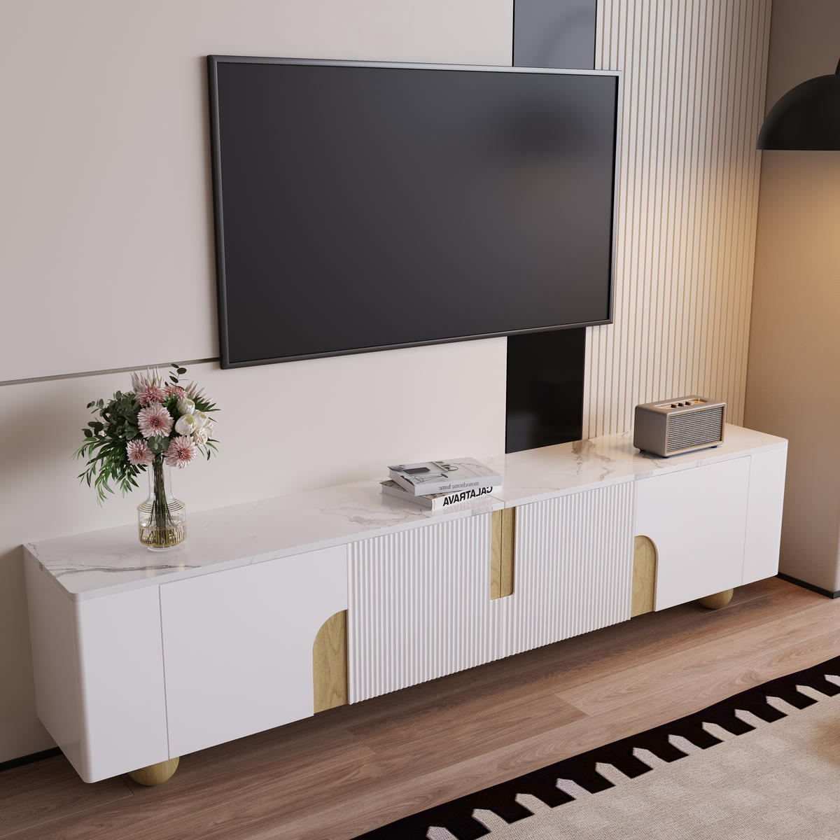 TV-SCHRANK in Weiß und Holzoptik mit 4 Türen und Marmoroptik 180/40/44 cm - Weiß, Holzwerkstoff (180/44/40cm) - Redom