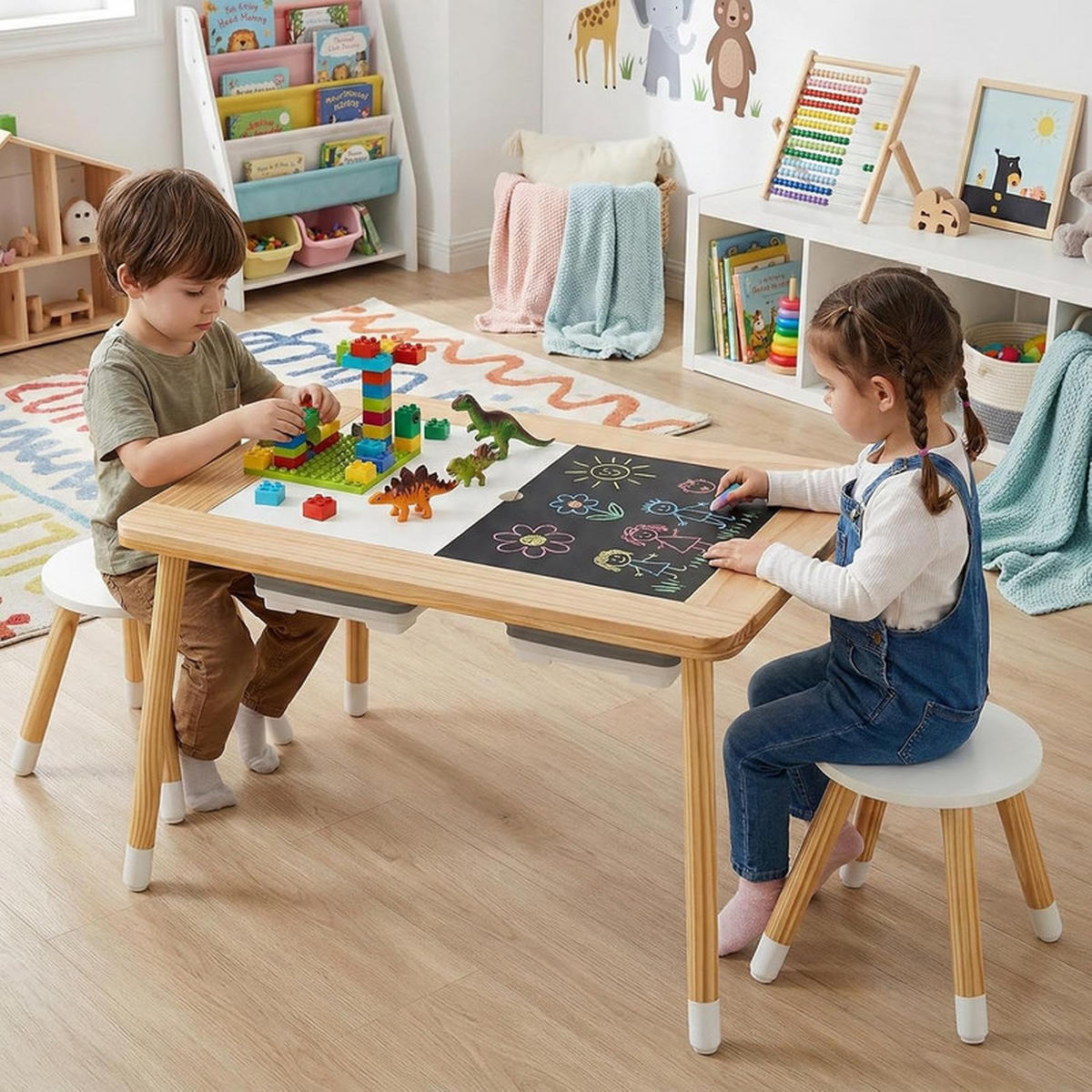 KINDERSPIELTISCH Runder natur(3-tlg) - Naturfarben, Holz (81/50/58cm) - COSTWAY