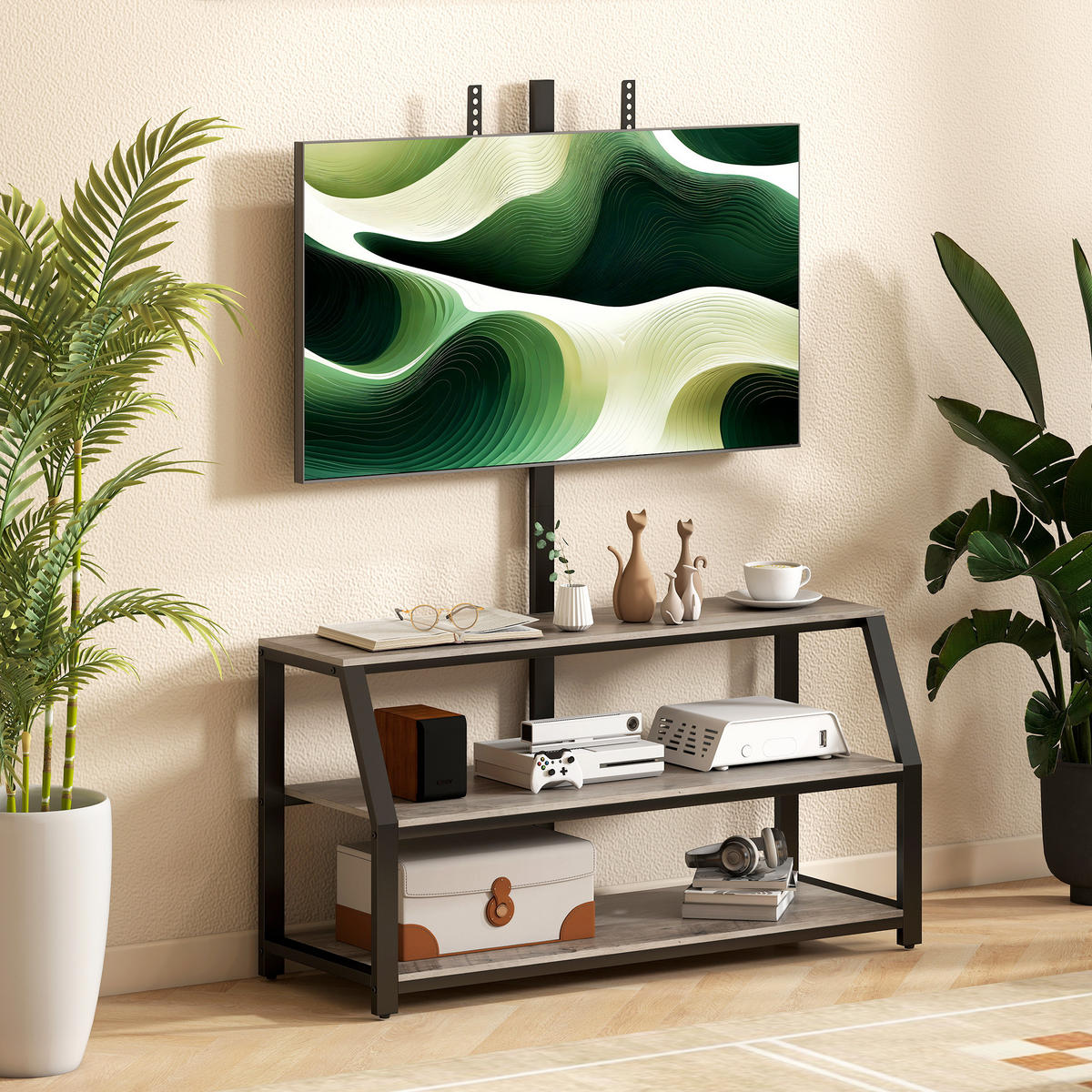 TV-BOARD Grau/Schwarz 110/43/150 cm, mit Halterung, 2 offene Fächer, Metallgestell - Grau, Holzwerkstoff (110/150/43cm) - PANGIVO