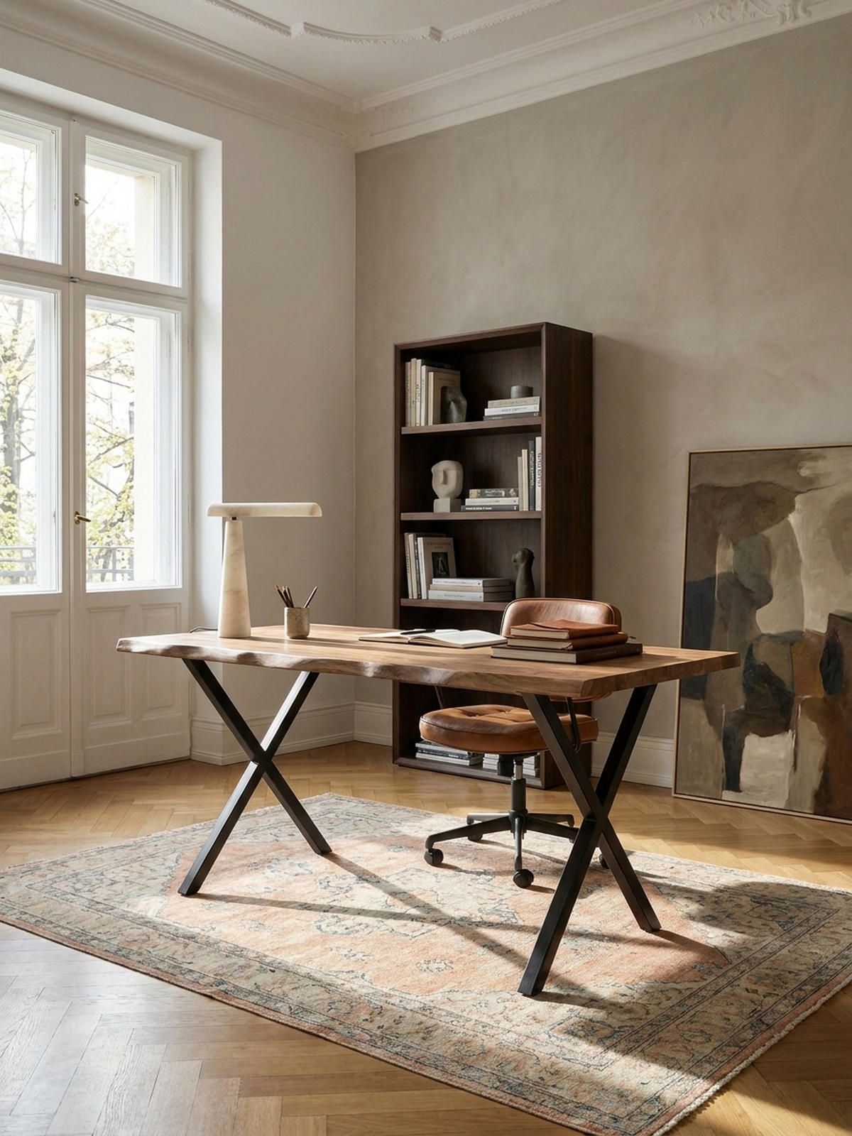 SCHREIBTISCH Massivholz X-Gestell Baumkante Handgefertigt KRETA, Goldbraun-Schwarz 200x100x76 cm - Schwarz/Braun, Holz/Metall (100/200/76cm) - KADIMA DESIGN