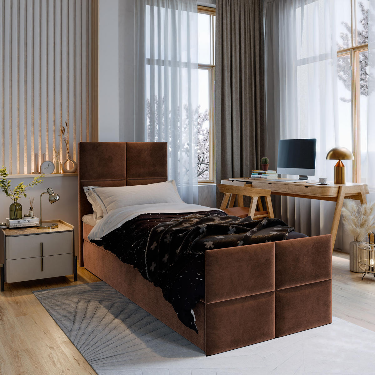 BOXBETT ARIEL 100 100x200 cm mit Matratze und Topper - Braun - Braun, Holz (100/200cm) - MASSENO