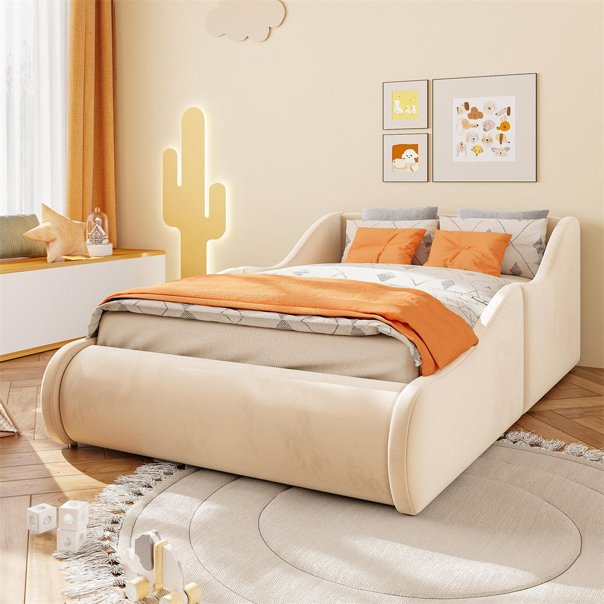 POLSTERBETT 90x200 cm mit hohem Kopfteil und Seitenschutzgittern - Samtstoff - ohne Matratze - Beige - Beige, Textil (90/200cm) - DELFA