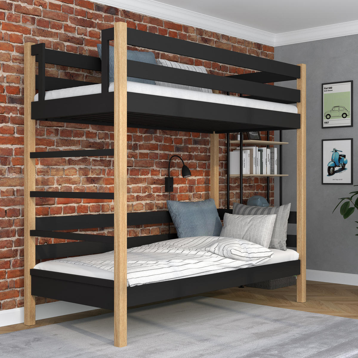 ETAGENBETT N03 Schwarz / Eiche Natur 100/200 - Schwarz/Eiche Artisan, Naturmaterialien/Holz (100/200cm) - N-Wood