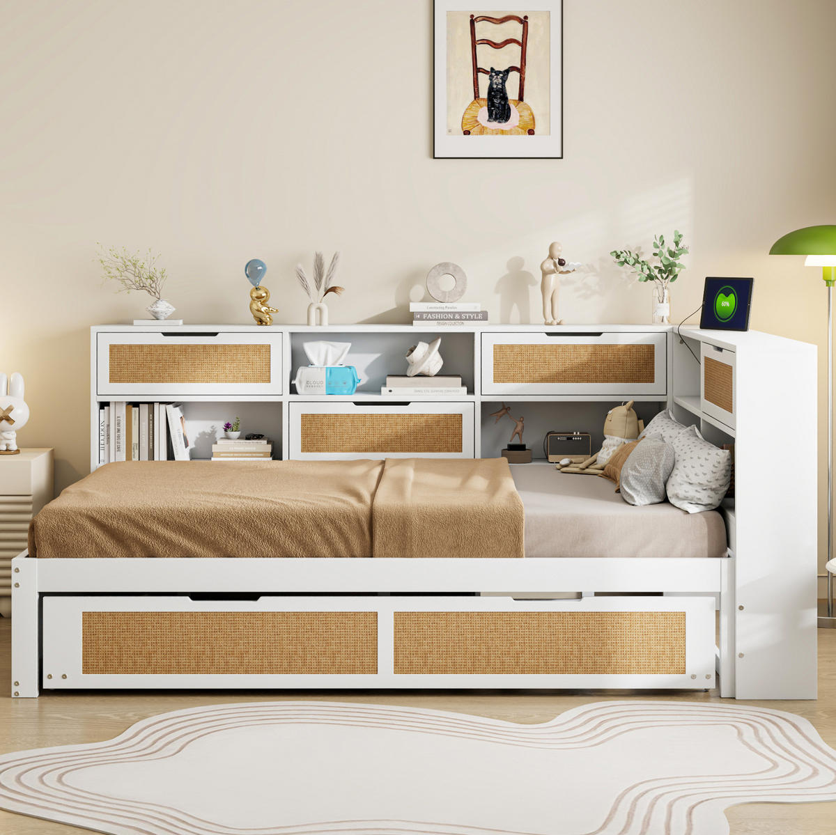 POLSTERBETT aus Holz 140x200 cm in Weiß mit Ausziehbett & USB-Anschluss - Weiß, Holz (140/200cm) - Modfu