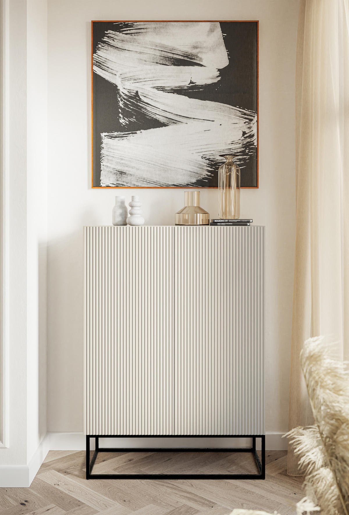 HIGHBOARD Veldio Graubeige mit schwarzen Beinen 90 cm - Greige/Schwarz, Holzwerkstoff/Metall (125/90/38cm) - Selsey