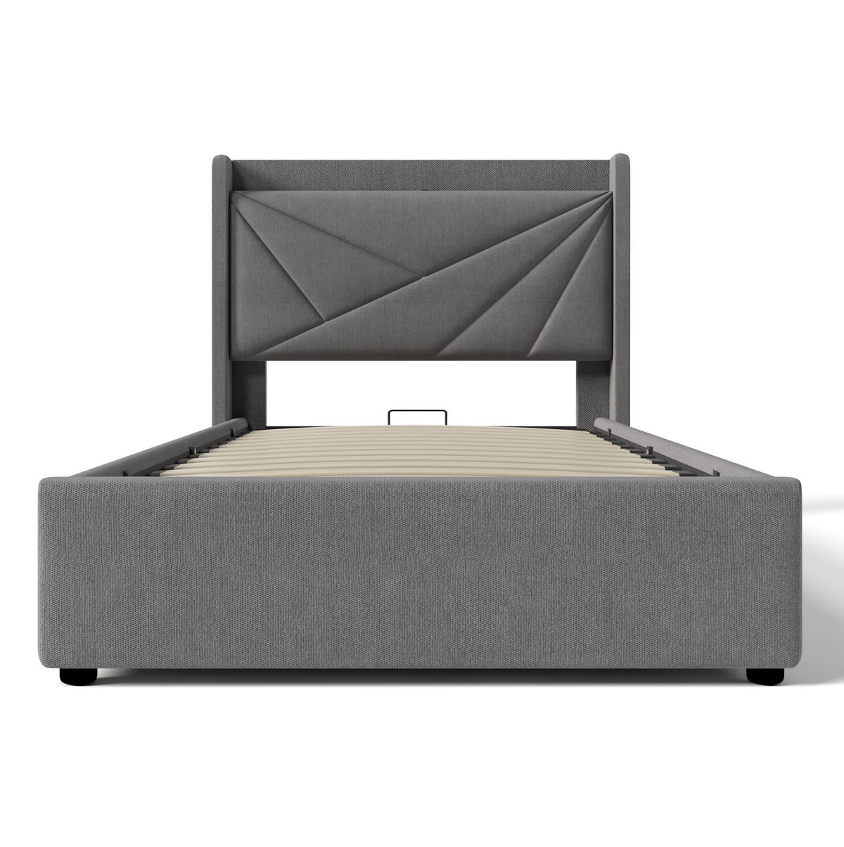 JEDNOLŮŽKOVÁ postel 90/200 cm šedá z bavlněného lnu s úložným prostorem a USB/Typ-C - šedá, textil (90/200cm) - OKWISH