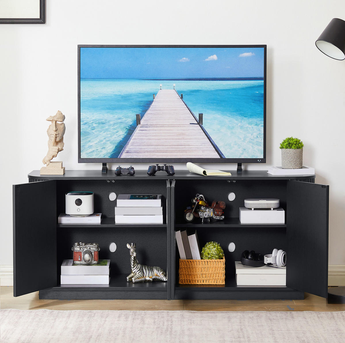 SIDEBOARD 162.5/38/61 cm Schwarz aus MDF mit Wellenmuster - Schwarz, Metall (38/61/162.5cm) - OKMYHOME