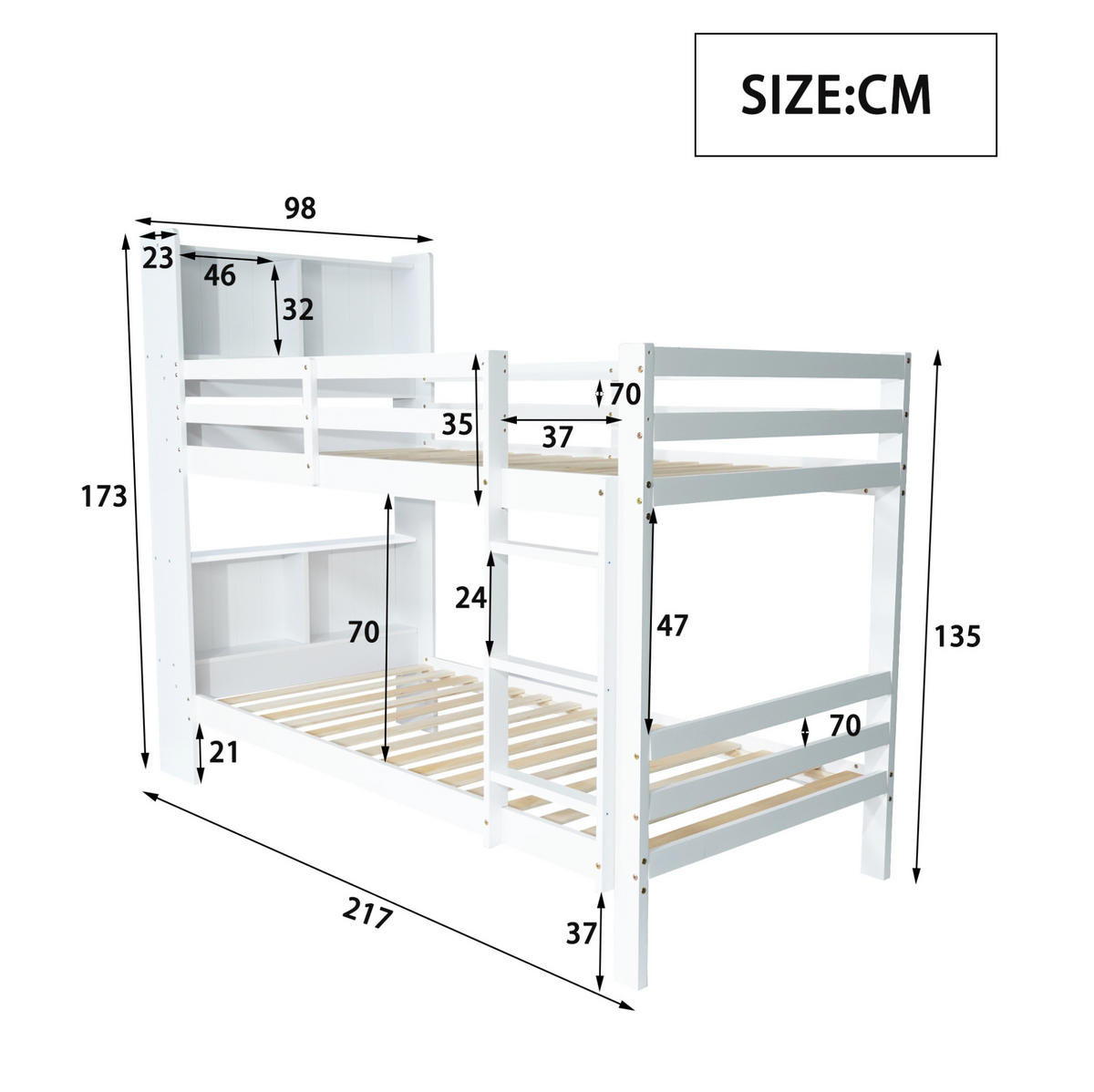 ETAGENBETT 90/200 cm Weiß mit Regalen und sicherer Leiter aus Massivholz - Weiß, Holzwerkstoff (90/200cm) - OKWISH