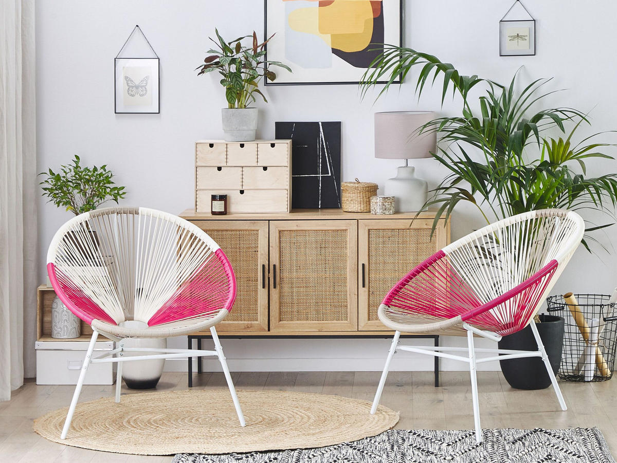 RATTANSTUHL 2er-SET Kunststoff weiß/beige/rosa 76 cm Acapulco - Pink/Beige, Kunststoff (76/85/76cm) - Beliani
