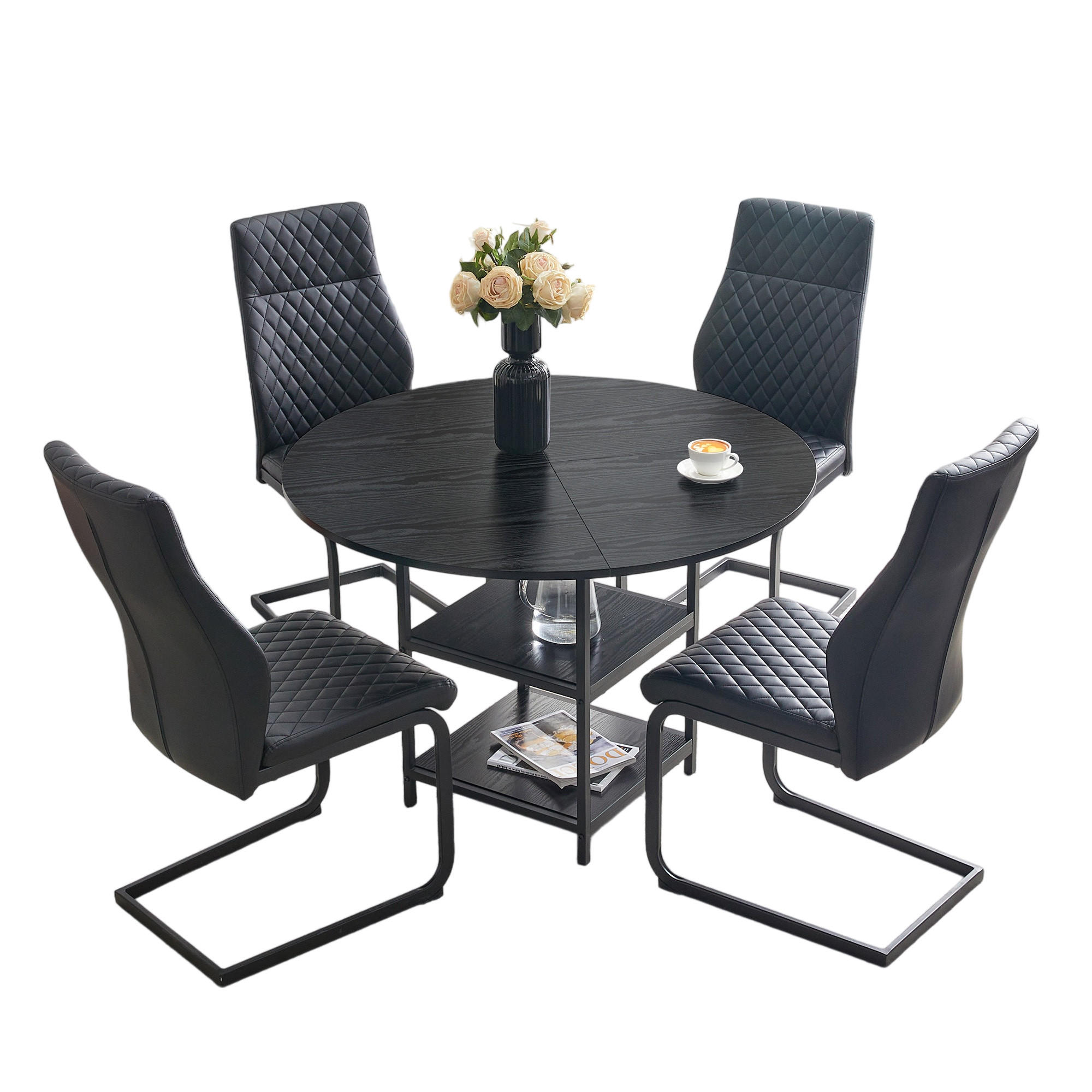 ESSGRUPPE DE-39424 5-teilig, mit doppelter Ablage und 4 Stühlen Schwarz - Schwarz, Metall (107/75/107cm) - ComfortXL