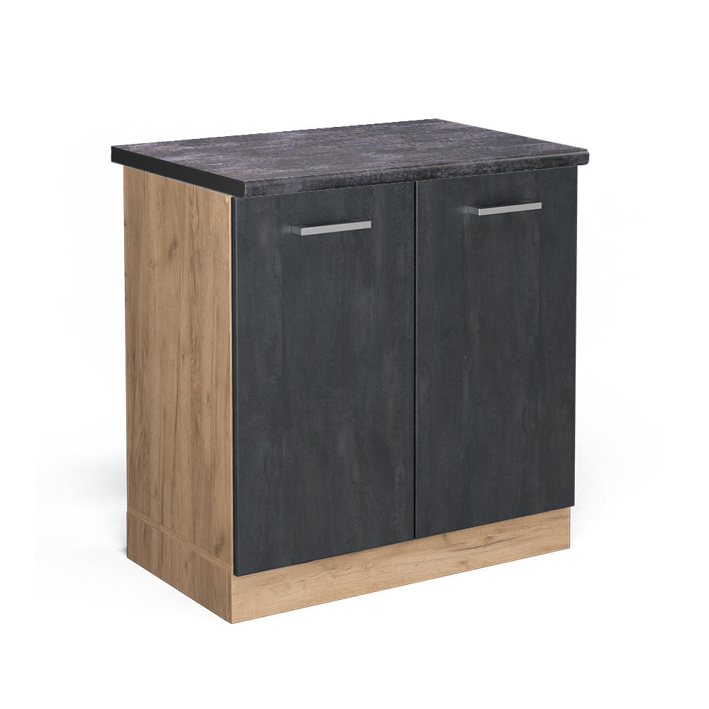 SPÜLENUNTERSCHRANK KÜCHENSCHRANK R-Line Schwarz Beton 80 cm AP Anthrazit - Honigeiche/Eiche Wotan, Holzwerkstoff (80/81.6/60cm) - Vicco