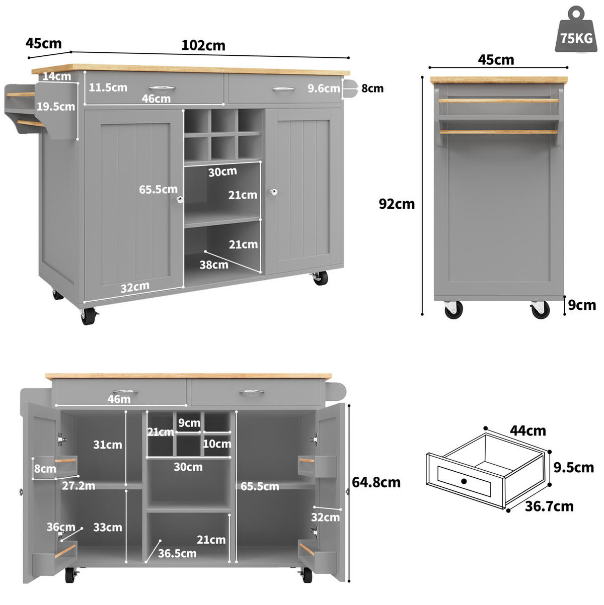 KÜCHENINSEL mit Stauraum 102 x 45 x 92 cm MDF Holzmaserung Grau - Grau, Metall (45/92/102cm) - Beauniv