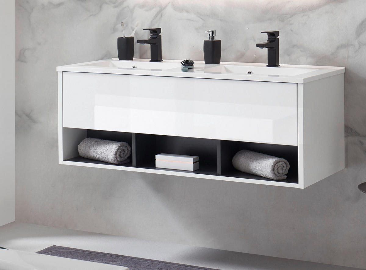 WASCHBECKENUNTERSCHRANK MIT Doppelwaschbecken in weiß Hochglanz und grau 120 cm Glide - Weiß Hochglanz/Grau, Holzwerkstoff/Metall (120/44/47cm) - Furn.Design
