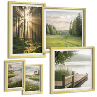 BILDER SET 5er Set - 50x50 cm & 20x30 cm & 40x60 cm Goldrahmen - Frühlingslandschaft Flusswiese - Goldfarben, Kunststoff (40/60cm) - TULUP