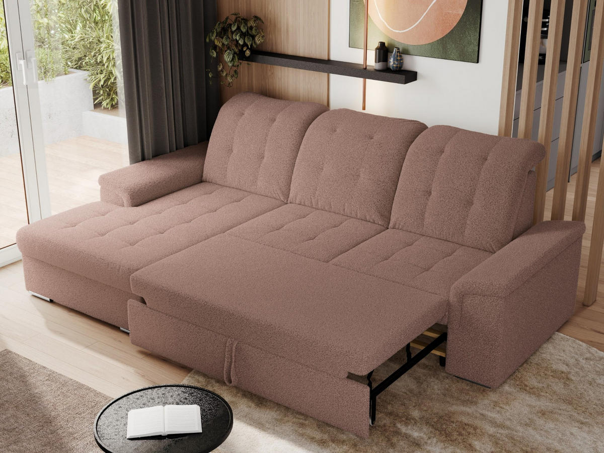 ECKSOFA MADRITO L - Rosa Boucle - Links - Silberfarben/Rosa, Textil/Metall (160/256cm)