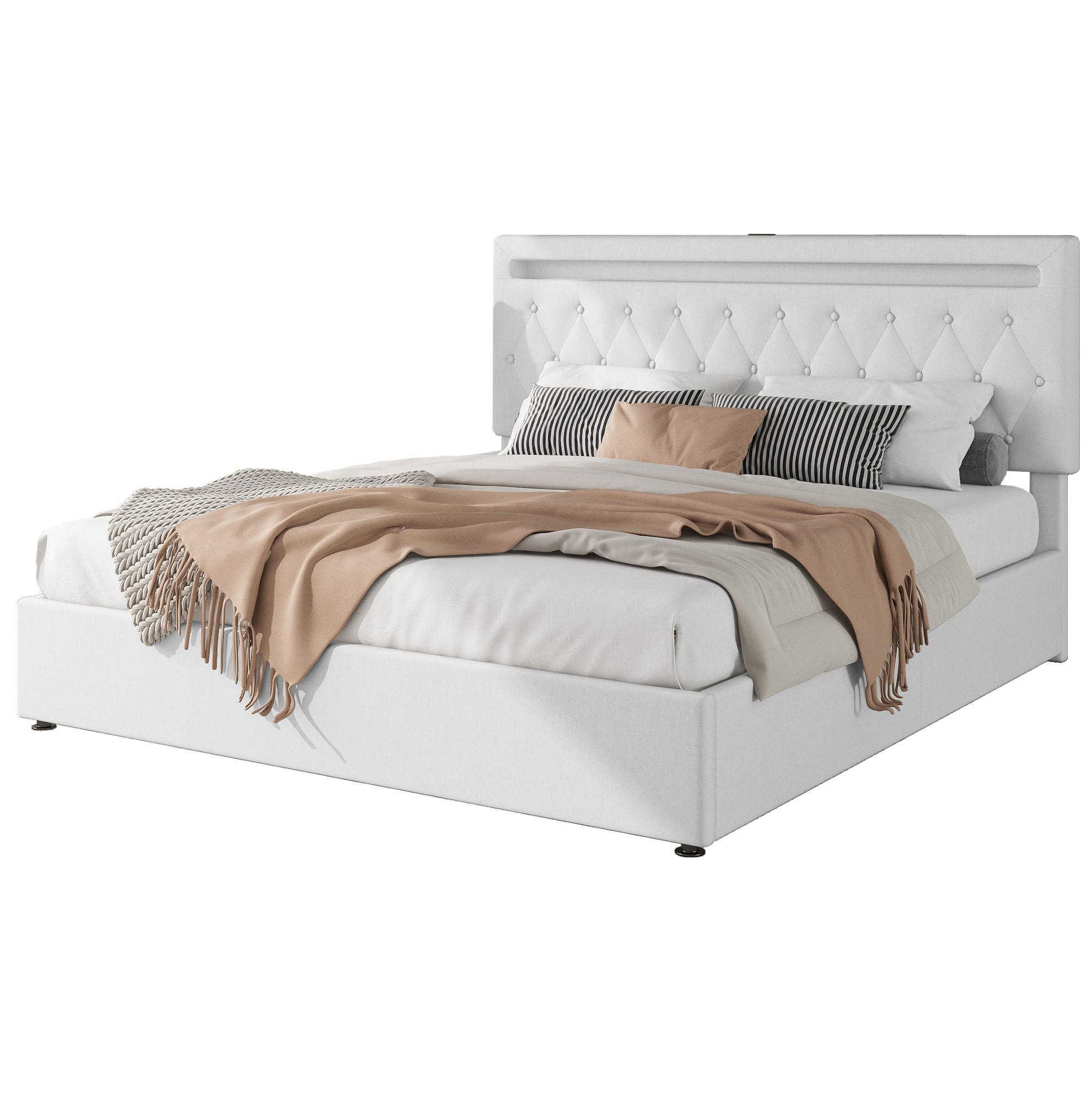 POLSTERBETT 180/200 cm Weiß hydraulisches Bett mit LED-Beleuchtung und USB-Anschluss Ohne Matratze - Weiß, Textil (180/200cm) - OKWISH