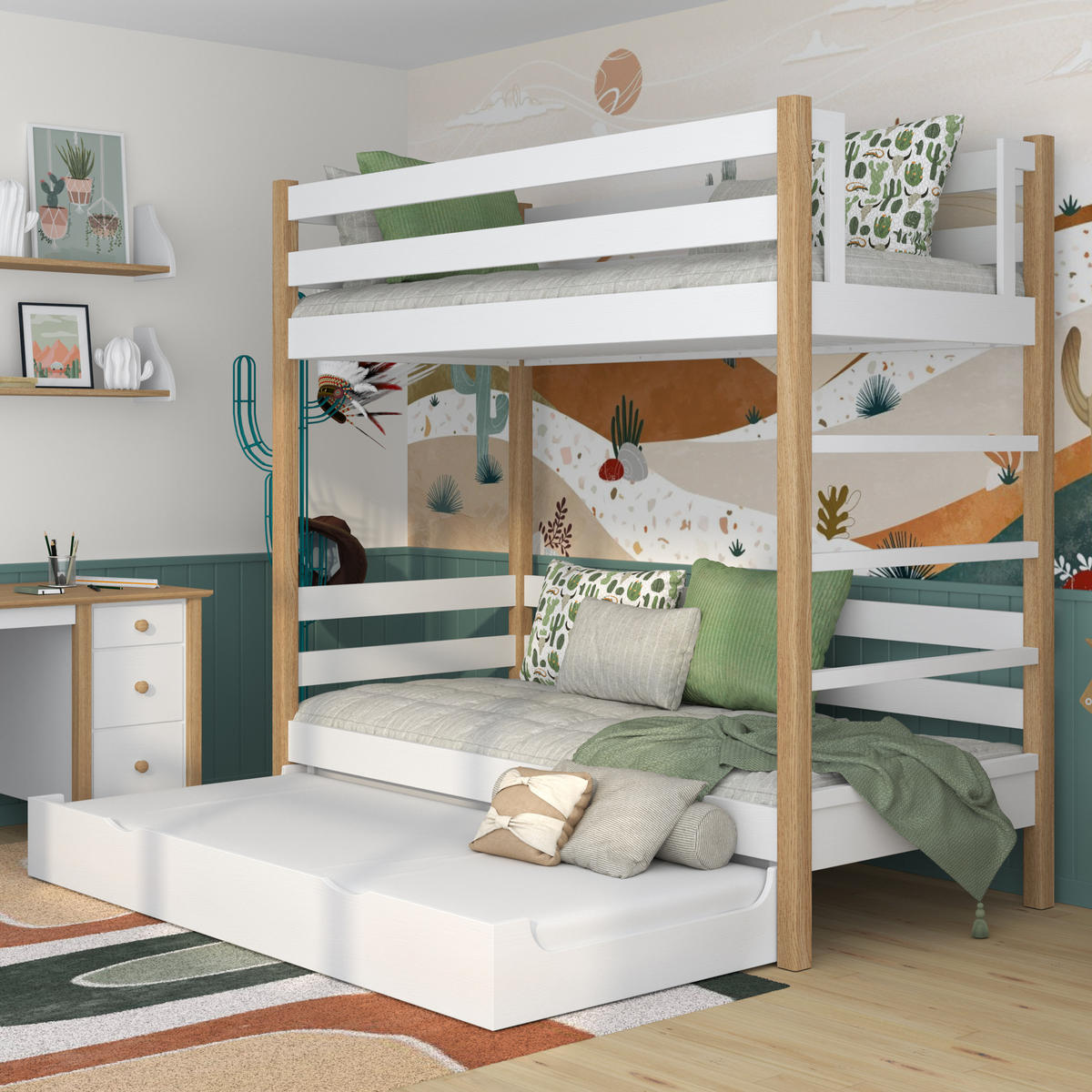 ETAGENBETT N03 mit Matratzenschublade Weiß / Eiche Natur 120/180 - Eiche Artisan/Weiß, Naturmaterialien/Holz (120/180cm) - N-Wood