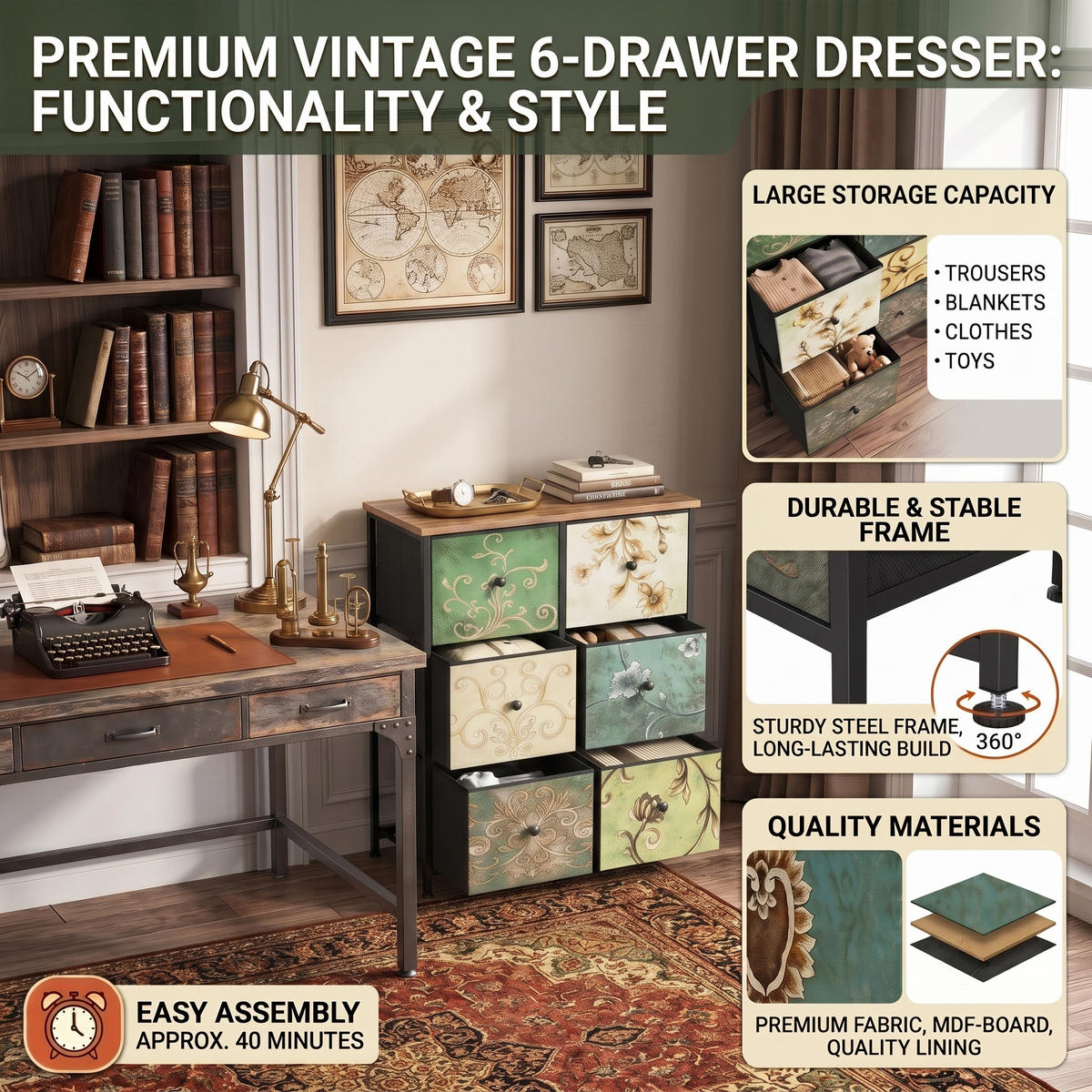 STOFFKOMMODE Vintage mit 6 Schubladen 67.5/30/86.5 cm Rustikal-Braun - Braun, Holzwerkstoff (67.5/86.5/30cm) - Creahappy