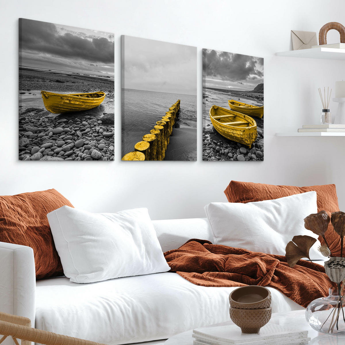 LEINWANDBILDER 3-es Set Boote Meer 3D - Gelb/Schwarz, Textil (90/40cm) - Muralo