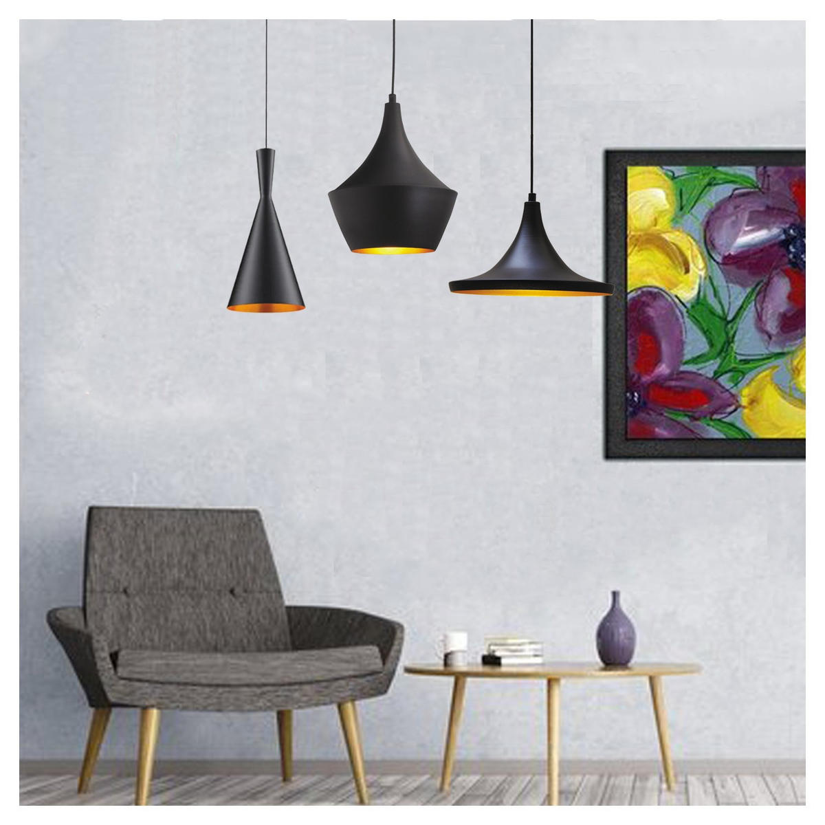 PENDELLEUCHTE Flammige Vintage Lampe x3 - Schwarz, Metall (80/80/60cm) - Bamyum
