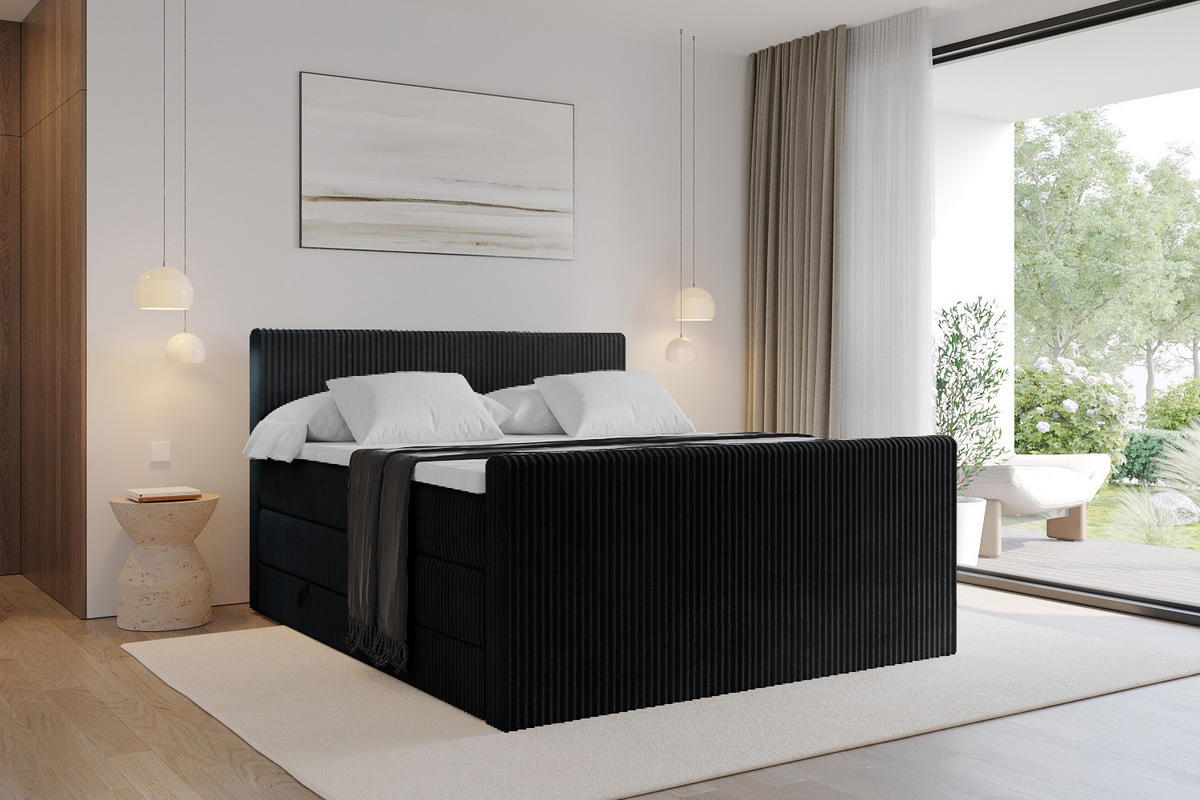 BOXSPRINGBETT mit Matratze H3|H4 und Lattenrost - TOLO-Z KING 200x200 Cord - Schwarz - Schwarz, Holzwerkstoff (200/200cm) - ALTDECOR