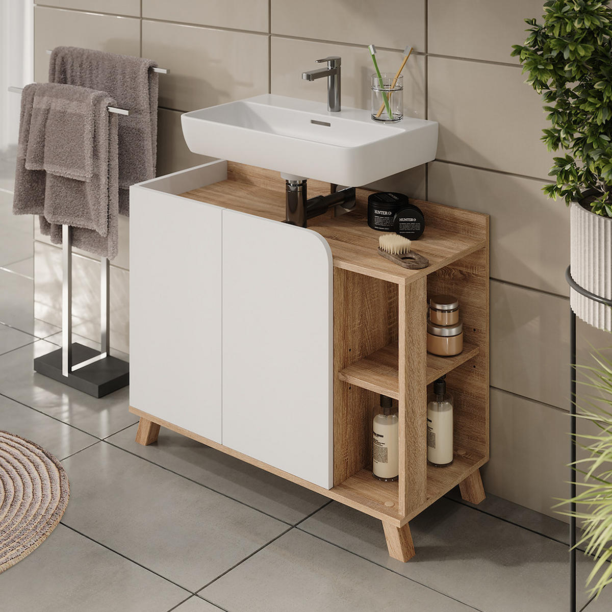 WASCHBECKENUNTERSCHRANK Karen Sonoma/Weiß 80 x 65 cm mit 2 Türen - Weiß/Sonoma Eiche, Holzwerkstoff (80/65/35cm) - Vicco