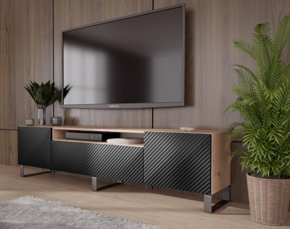TV-SCHRANK Schwarz Nikol Metallbeine Gefräste Fronten - Schwarz/Eiche Artisan, Holzwerkstoff (200/53/41cm) - Sepro Meble