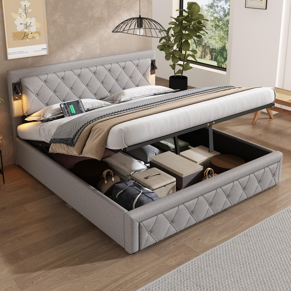 POLSTERBETT 180/200 cm aus Leinen mit Downlights, USB-Anschlüssen, hydraulischem Bettkasten und Lattenrost, Grau - Grau, Textil (180/200cm) - Redom