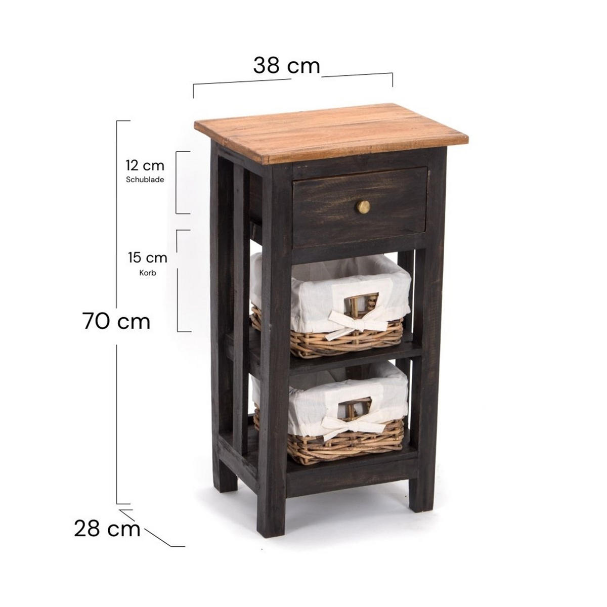 TELEFONTISCH RATTAN 70 mit 2 Rattan-Körben und Schublade, Mahagoni massiv 04 schwarz-natur - Graubraun, Holz (28/38/70cm) - DESIGN DELIGHTS