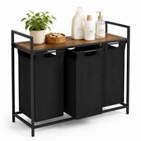 COȘ de rufe negru 3-compartimente cu poliță - negru, material textil/compozit lemnos (92.5/73/33cm) - Relaxdays