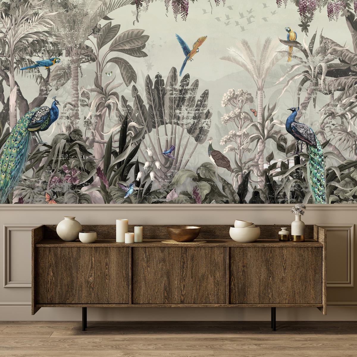 FOTOTAPETE für Wohnzimmer Vintage Tropenwald Palmen Papageien 300x210 - Beige/Grün, Papier (300/210cm) - Muralo