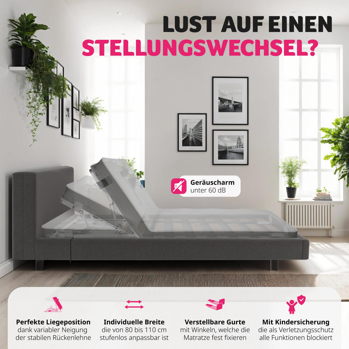 RÜCKENLEHNE Elektrisch Cosy Glide,Polyesterbezug, 110 x 243 x 62 cm,grau - Grau, Textil - tectake