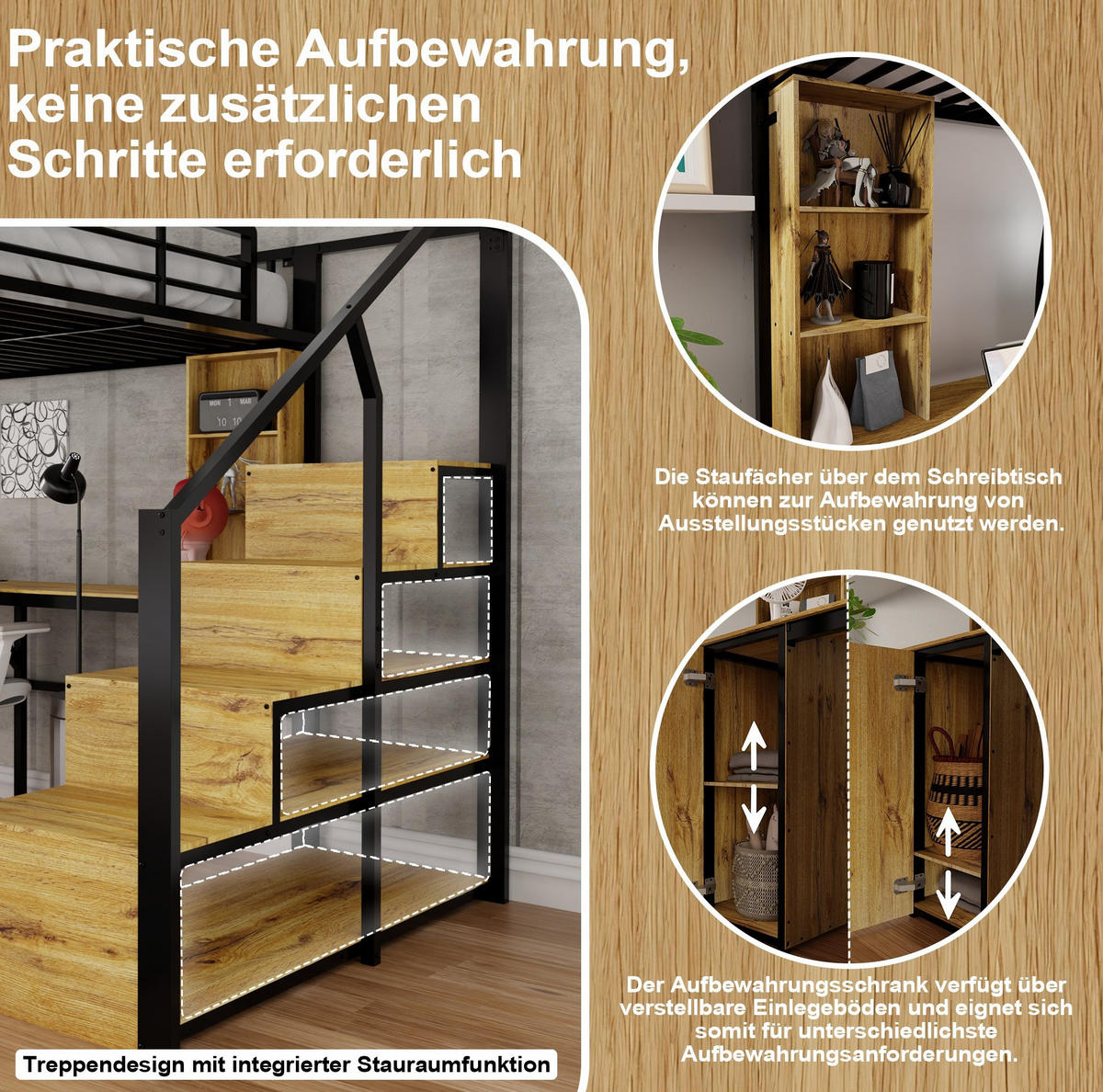 HOCHBETT aus Metall, Sperrholz und MDF 140x200 cm Schwarz mit Schreibtisch und Stauraumtreppe - Schwarz, Metall (140/200cm) - IVMEU